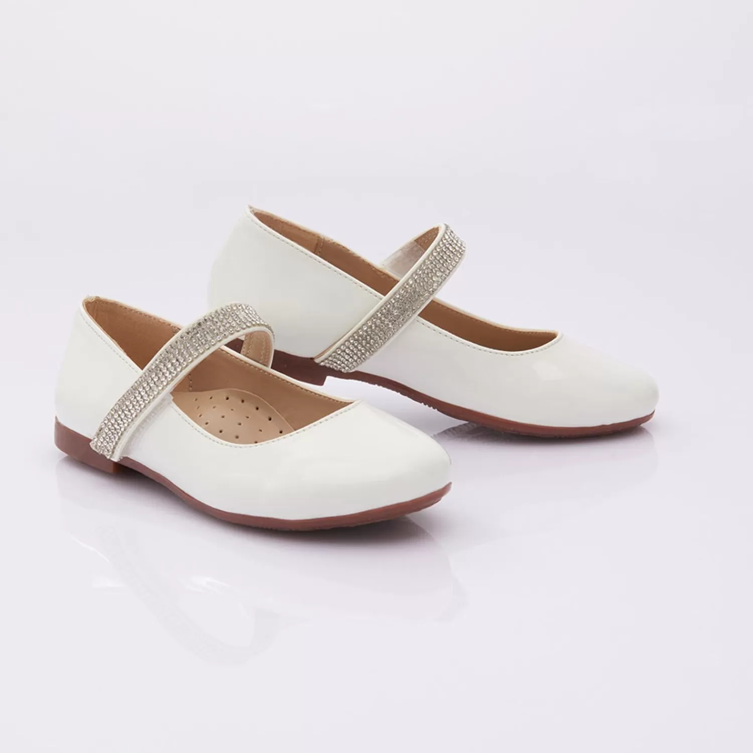 Shoes^Perla Patent Rhinestone Strap Flats White