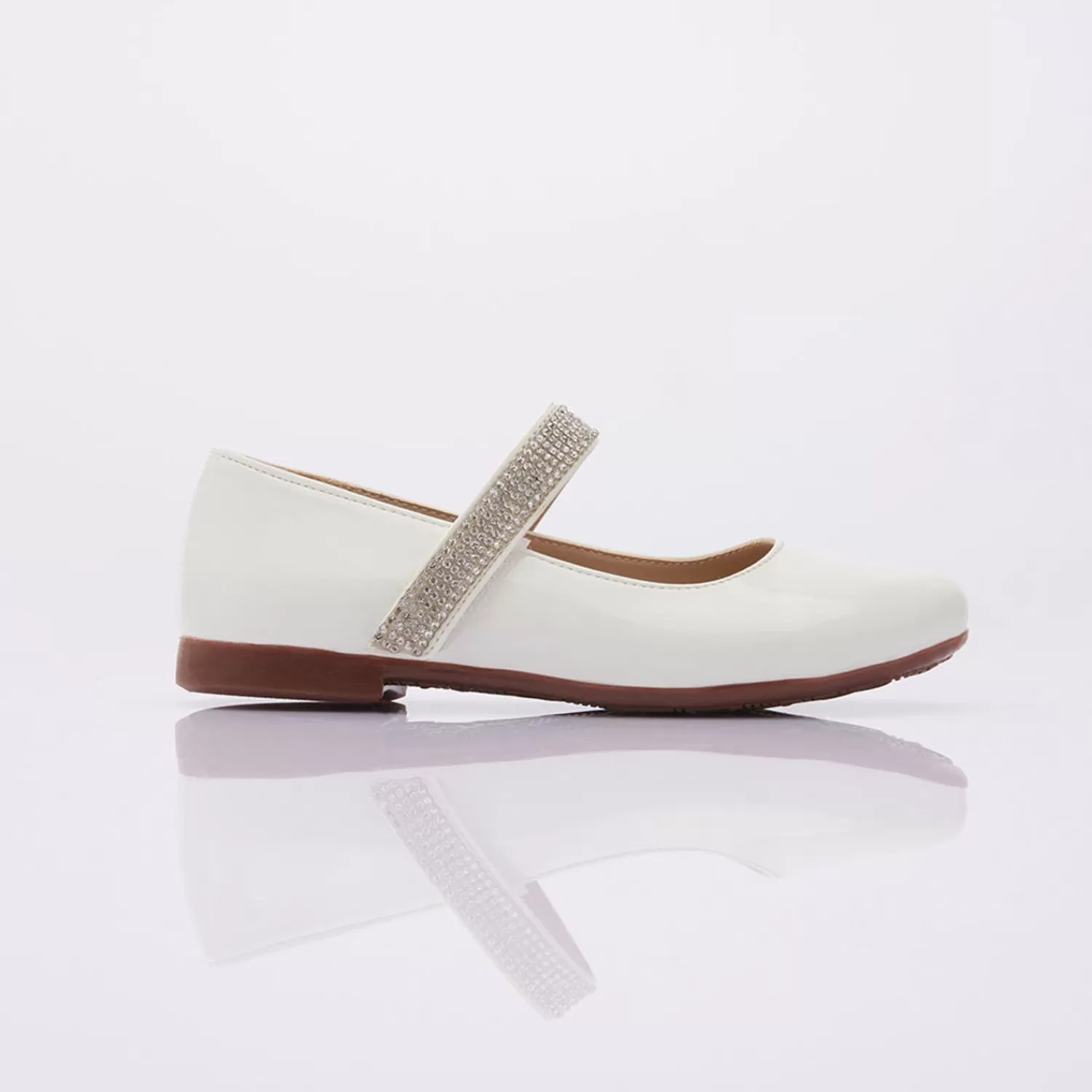 Shoes^Perla Patent Rhinestone Strap Flats White