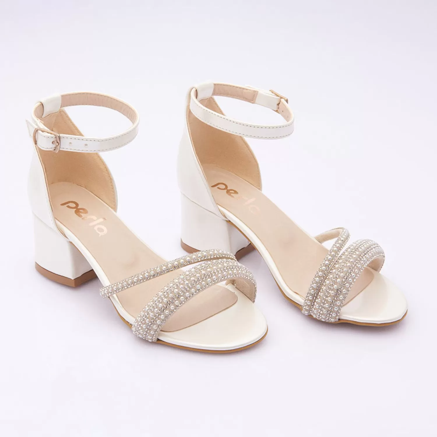 Shoes^Perla Pearl Double Rhinestone Strap Heels Ivory