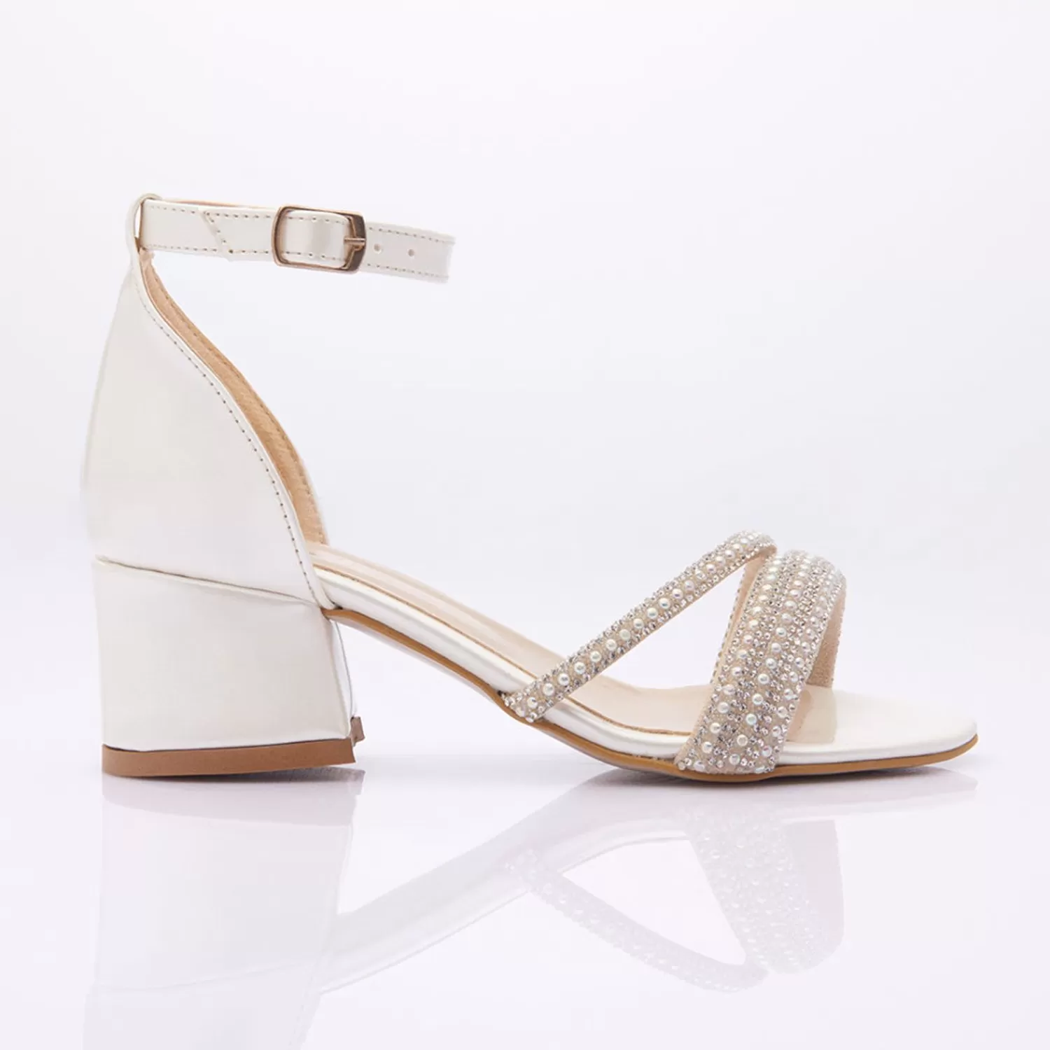 Shoes^Perla Pearl Double Rhinestone Strap Heels Ivory