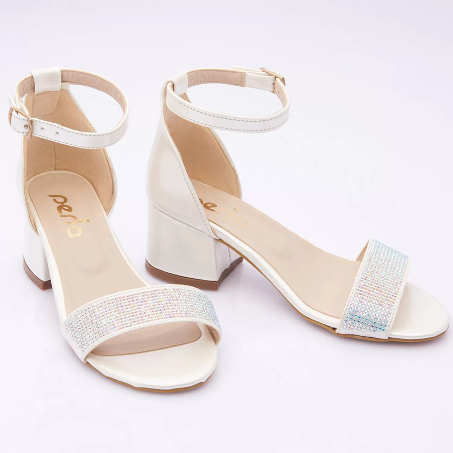 Shoes^Perla Pearl Rhinestone Strap Heels Ivory