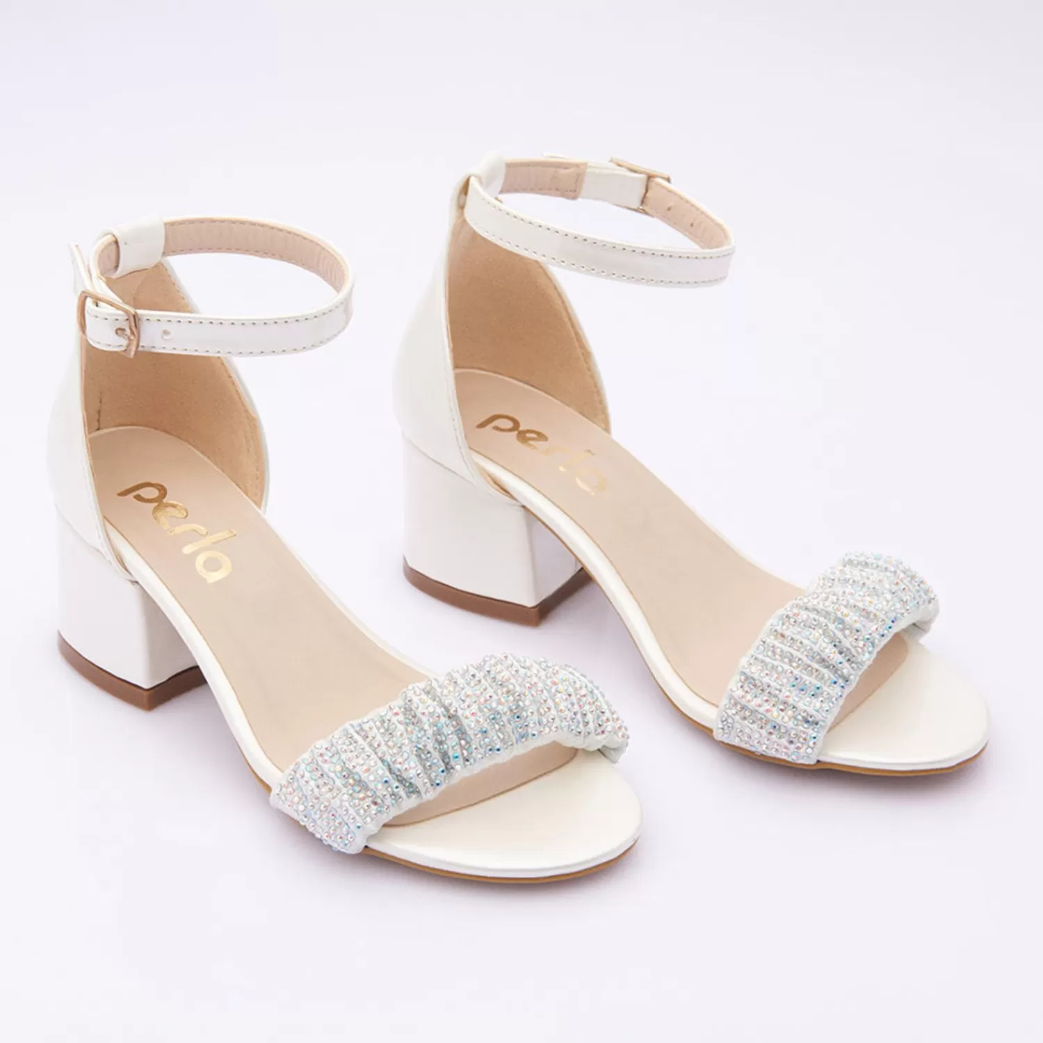 Shoes^Perla Pearl Scrunch Rhinestone Heels Ivory