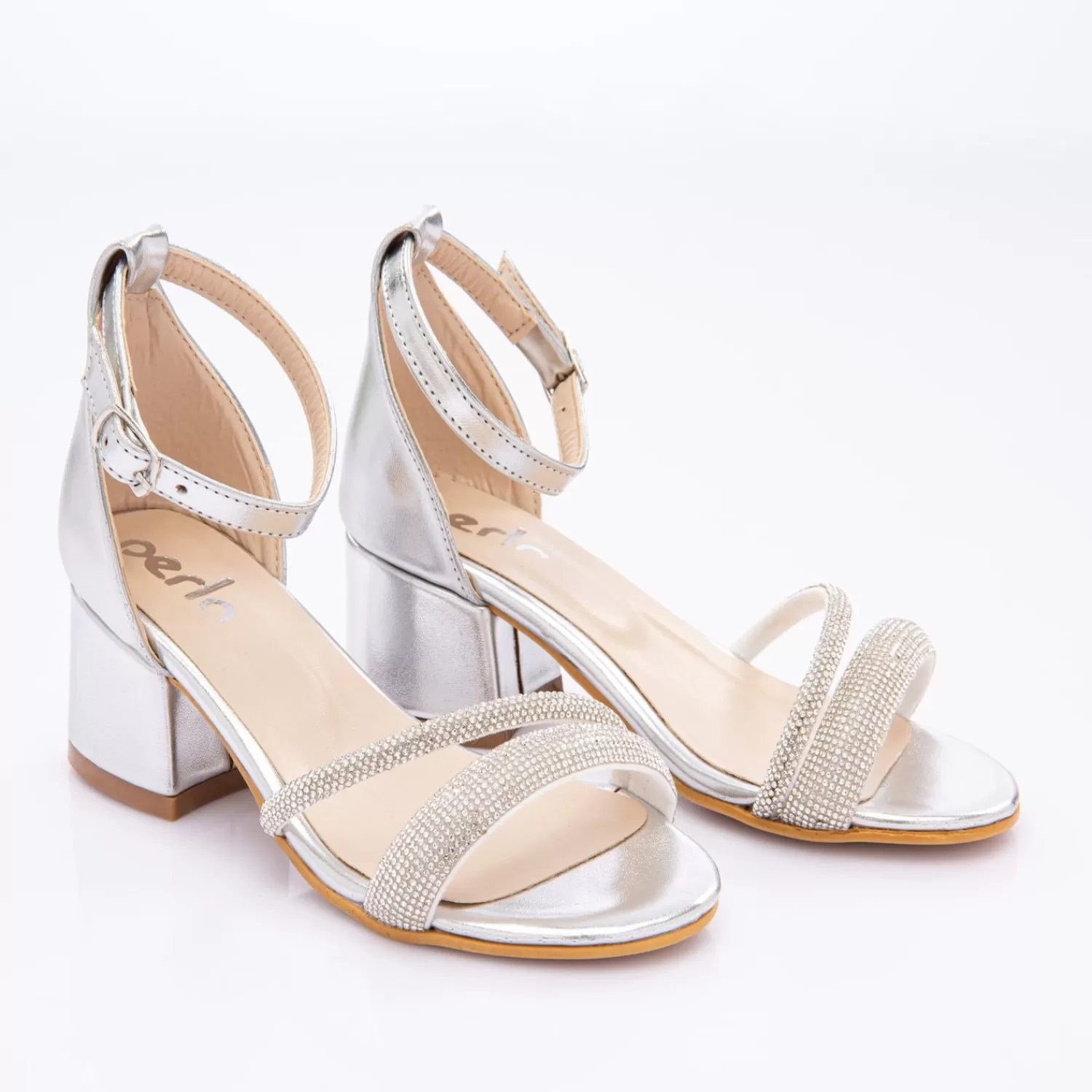 Shoes^Perla -Fn46Pf-Silver-Double Rhinestone Strap Heels