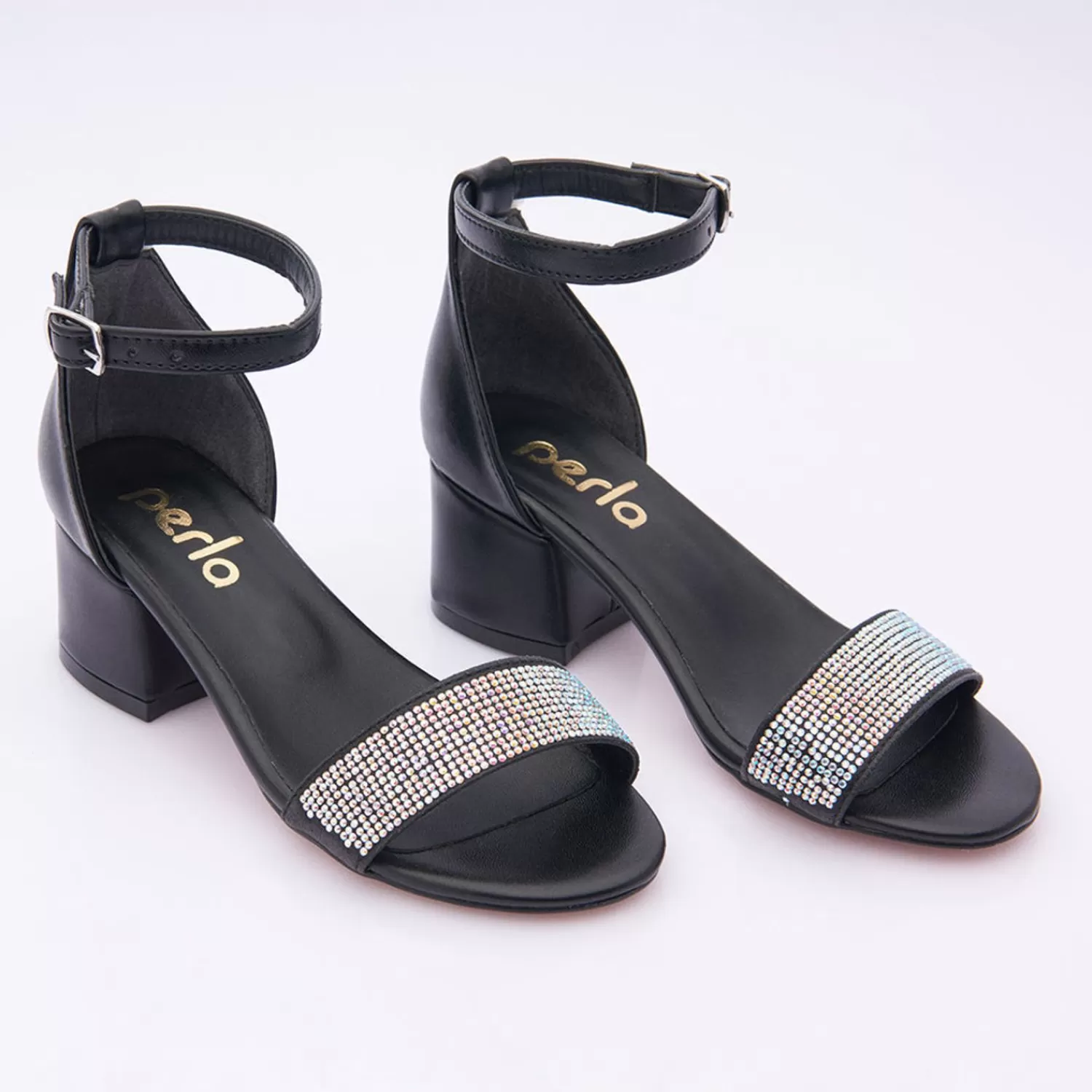 Shoes^Perla Rhinestone Strap Heels Black