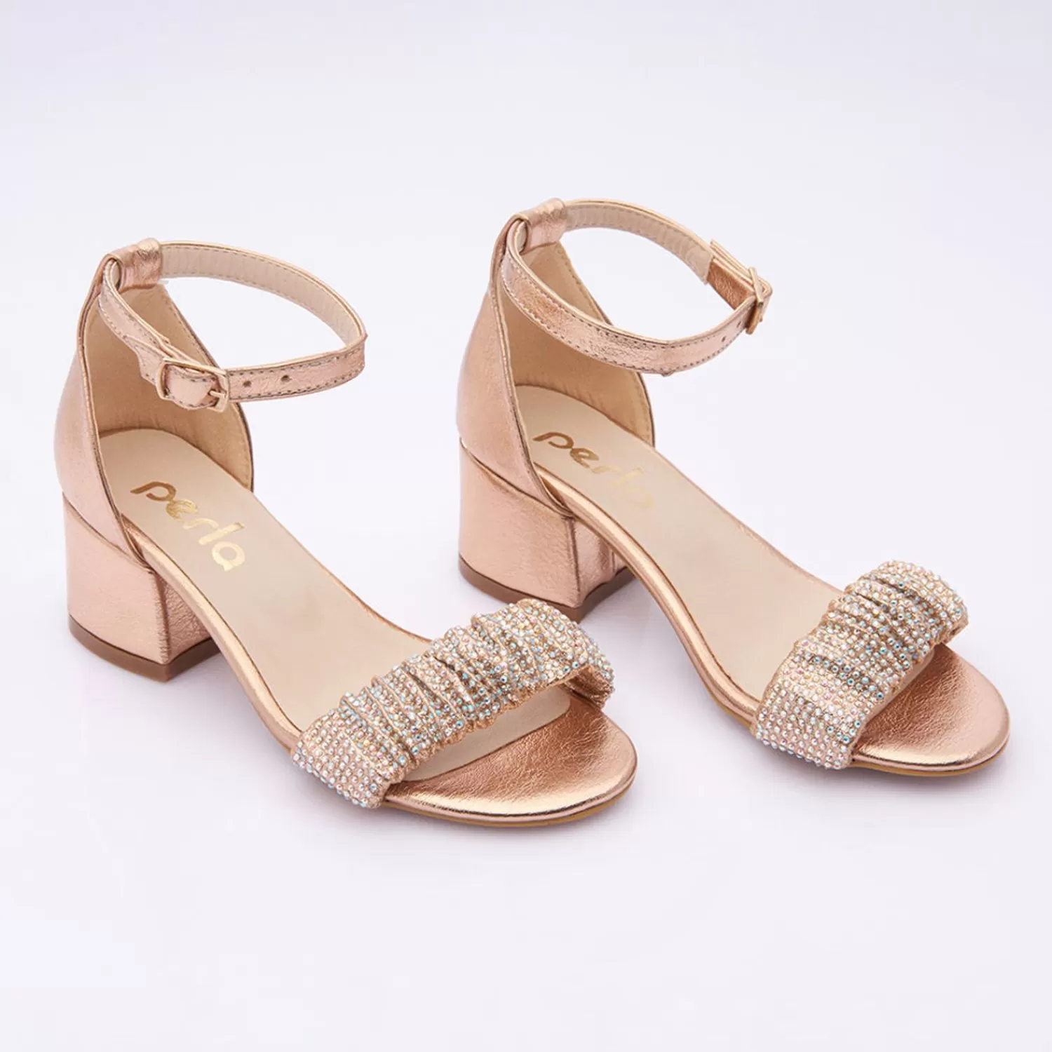 Shoes^Perla Rose Scrunch Rhinestone Heels Gold