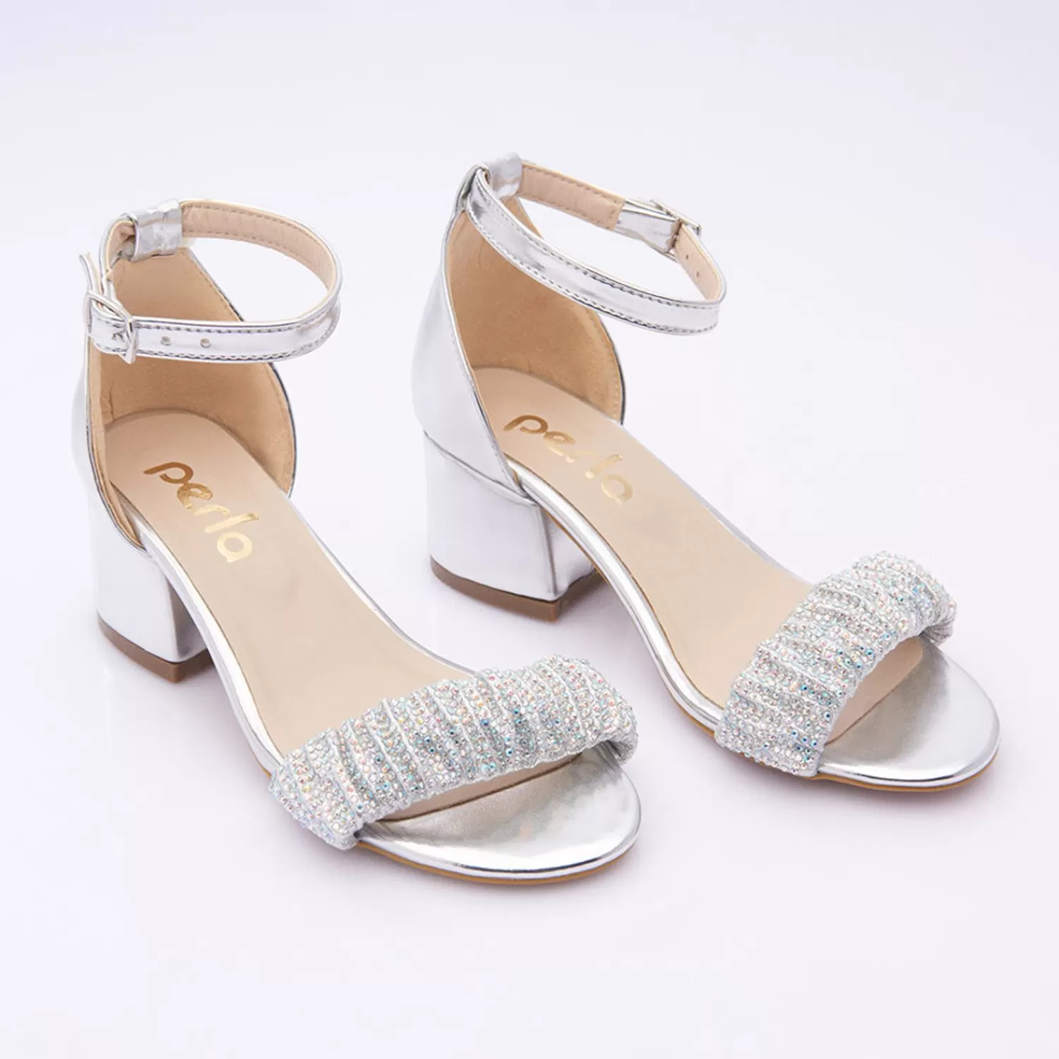 Shoes^Perla Scrunch Rhinestone Heels Silver