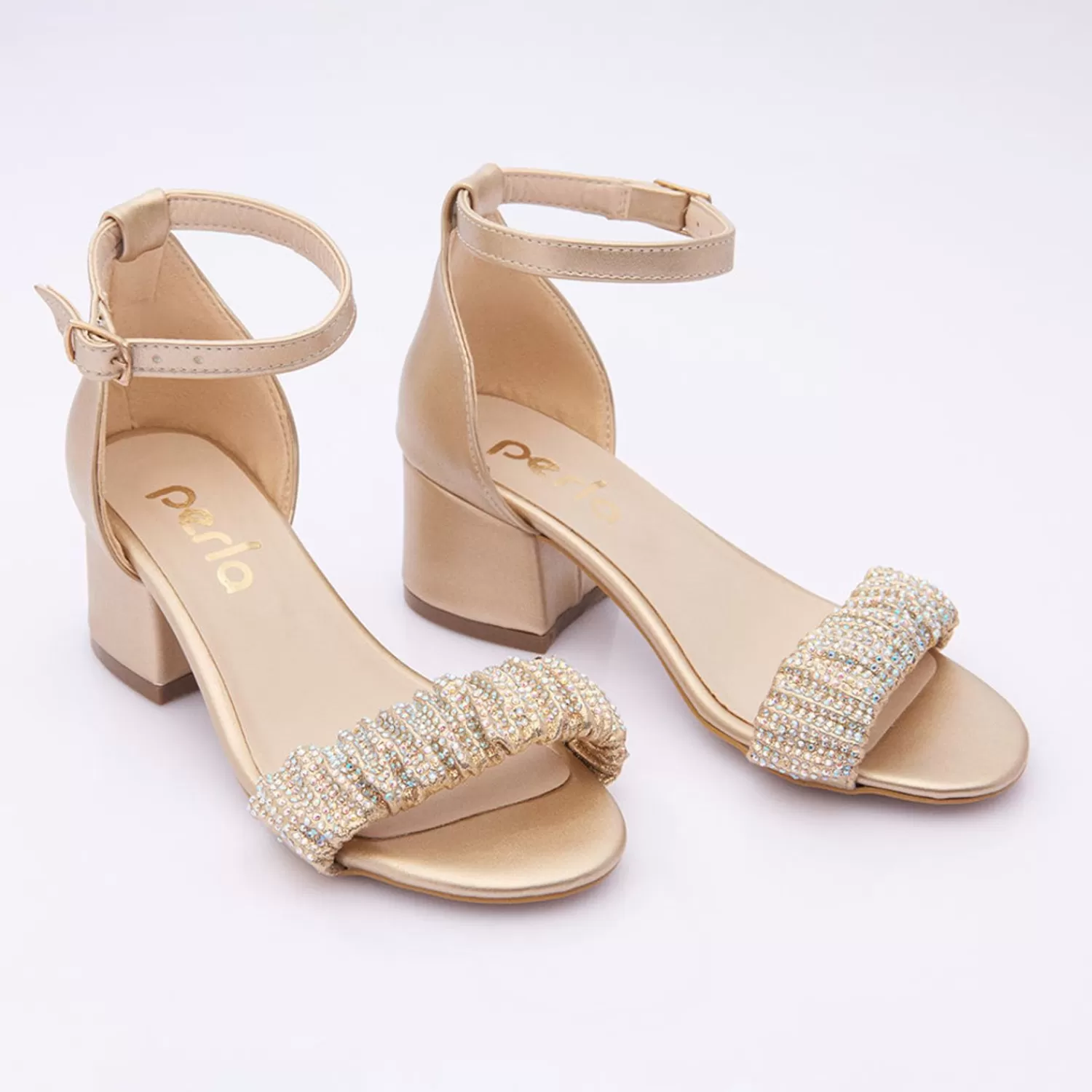 Shoes^Perla Scrunch Rhinestone Heels Gold