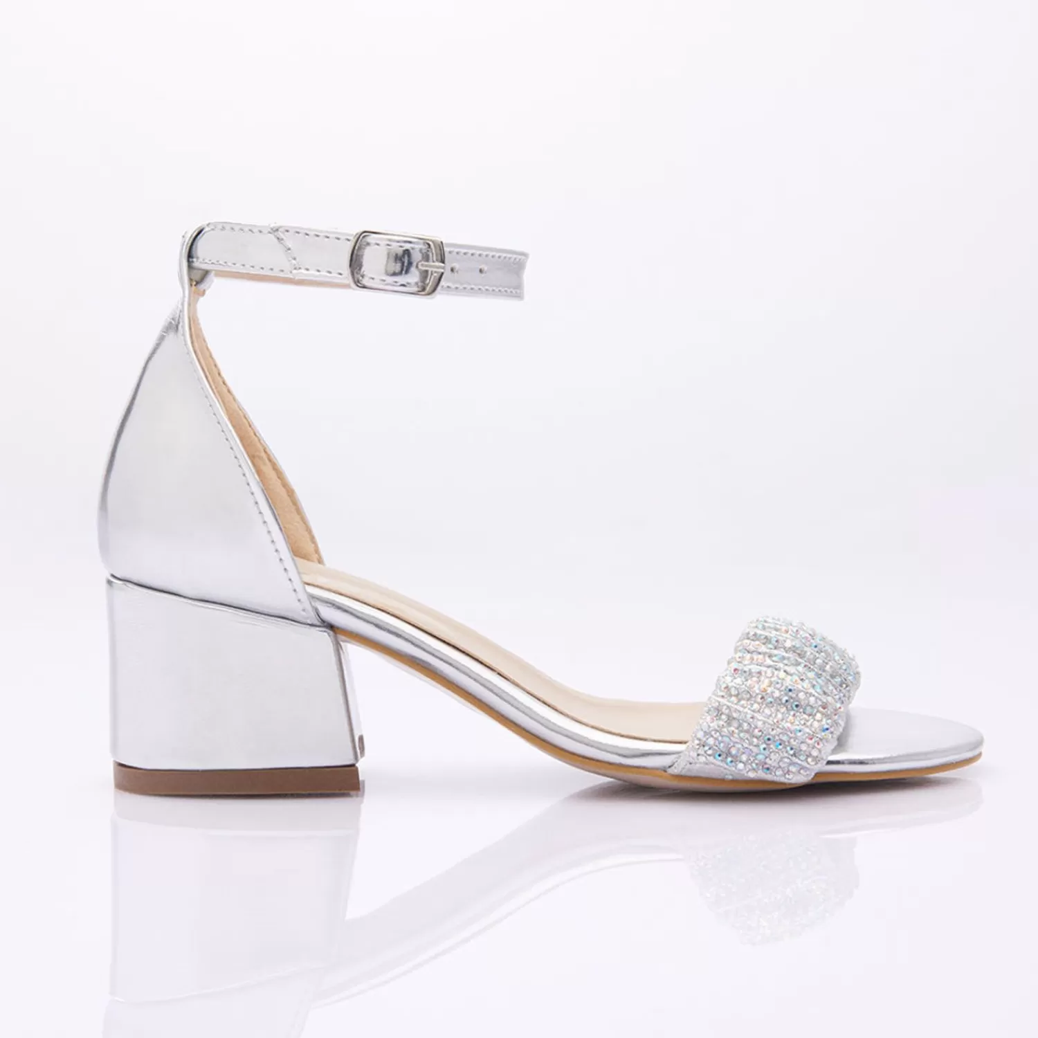 Shoes^Perla Scrunch Rhinestone Heels Silver