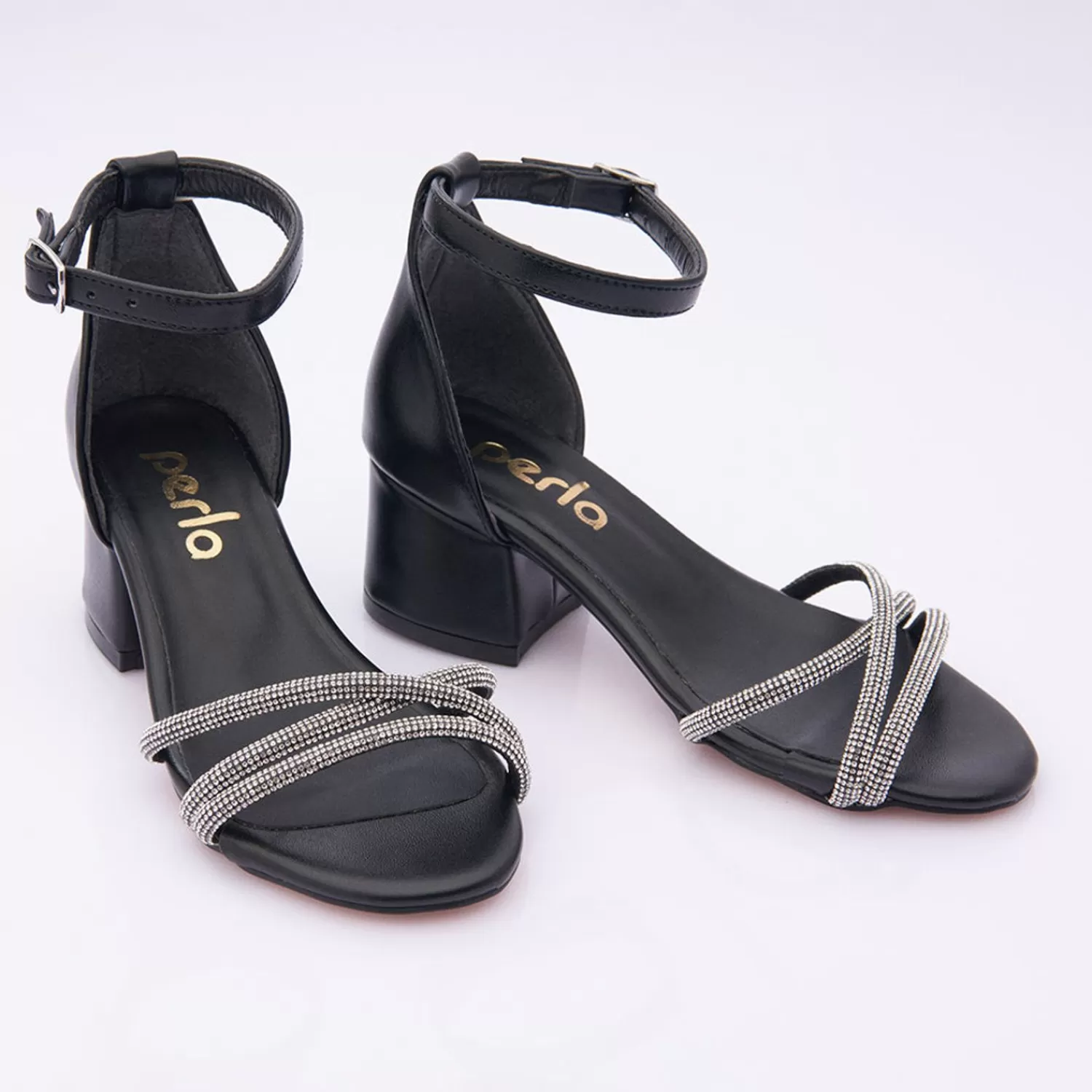 Shoes^Perla Triple Rhinestone Strap Heels Black